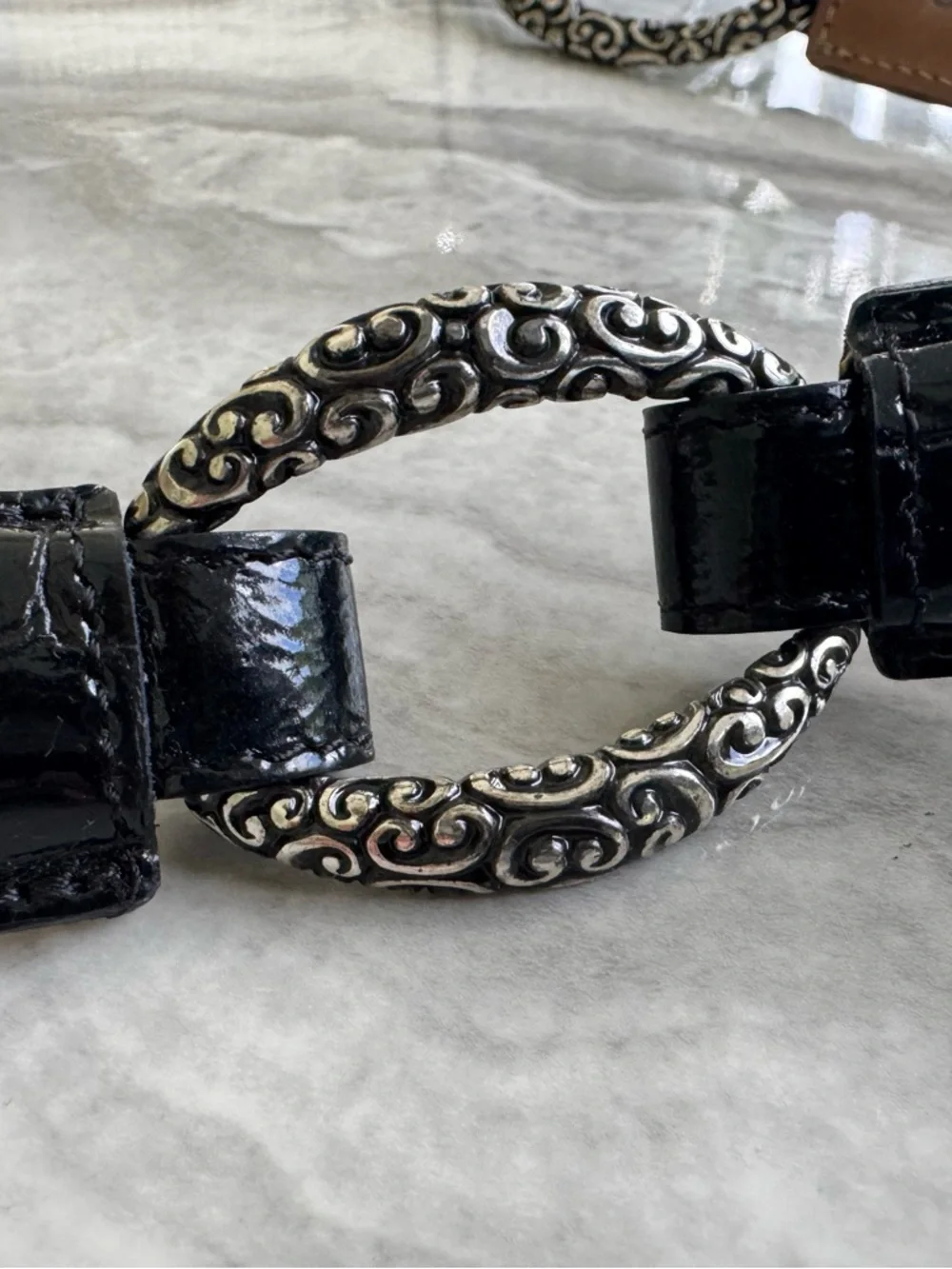 Brighton Black Croc Embossed Leather Ornate Link Belt - Size 38 - Picture 10 of 11